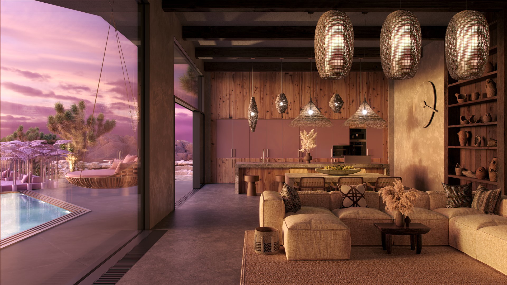 Luxury interior rendering of an open-plan living room and kitchen at sunset